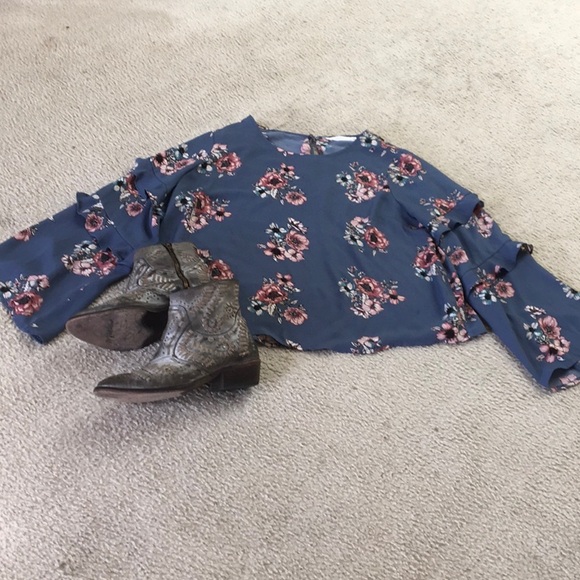 LUSH/SLATE BLUEwPINK ROSES 2 TIERED RUFFLE SLEEVES/NEW - Picture 5 of 10